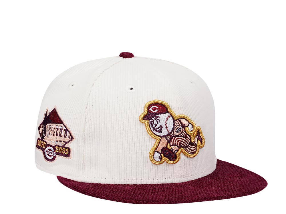 New Era Cincinnati Reds Riverfront Stadium Cream Merlot Two Tone Corduroy Edition 59Fifty Fitted Hat