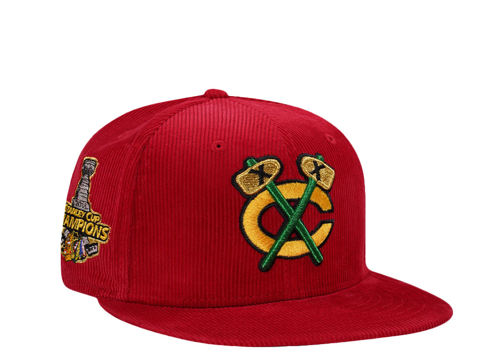 New Era Chicago Blackhawks 100th Anniversary Red Corduroy Throwback Edition 59Fifty Fitted Hat